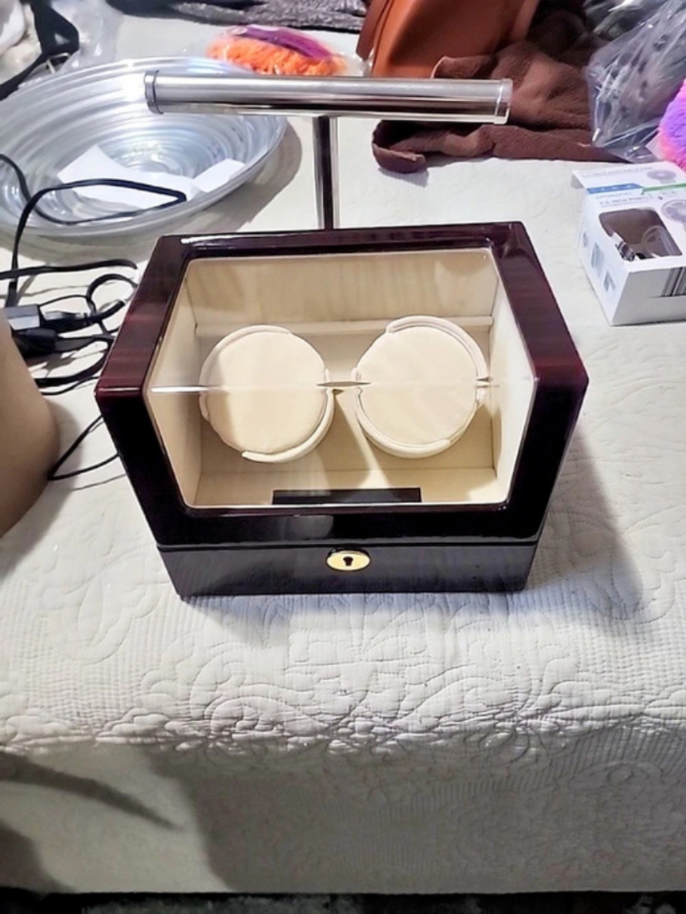 Wooden Watch Winder Display Box with Glass Top, Brown & Cream